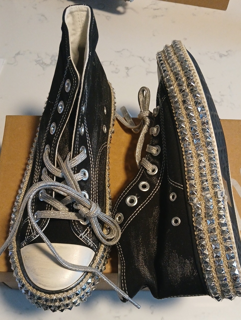 Black High-Top Sneakers with Silver Studded Platform and Metallic Laces